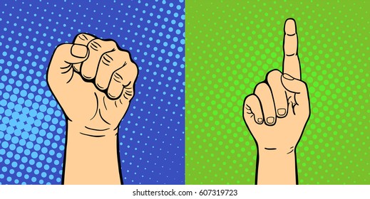 Hands showing deaf-mute different gestures human arm hold communication and direction design fist touch pop art style colorful vector illusstration.