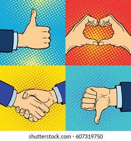 Hands showing deaf-mute different gestures human arm hold communication and direction design fist touch pop art style colorful vector illusstration.