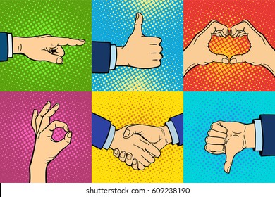 Hands showing deaf-mute different gestures human arm hold communication and direction design fist touch pop art style colorful vector illusstration.