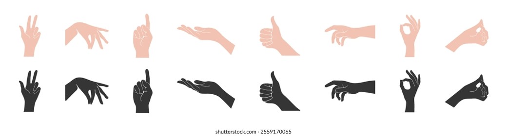 Hands showing different gestures. Hand gestures symbol. Vector.