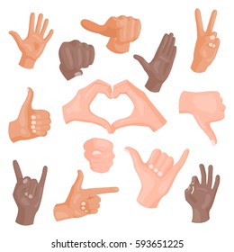 Hands showing different gestures isolated on white human arm hold collection communication and direction design fist touch pointing vector illusstration.