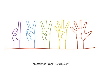 Hands showing different numbers. Count on fingers. Gesture. One, two, three, four, five. Hand drawn vector illustration.