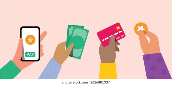 Hands showing different payment options cashless such ash cash, coin, smartphone pay illustration