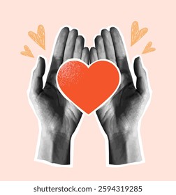 Hands showing heart. Black and white grunge style arms holding big red heart. Charity and donations. Symbol of love, humanism and support. Trendy y2k vector illustration in halftone style