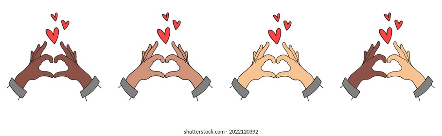 Hands showing heart. Different hands making heart shape. Friendship sign. Sketch style. Vector EPS 10