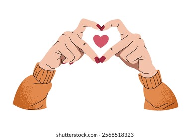 Hands showing heart in flat cartoon style. Symbol of love. Vector illustration for Valentine's day for cards, stickers, banners, etc.