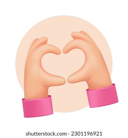 Hands showing heart gesture 3d vector illustration. Character expressing love in pink circle in cartoon style isolated on white background. Valentine's day, love, anniversary concept