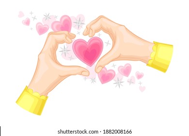 Hands Showing Heart Gesture with Fingers and Pink Fluttering Sweethearts as Romantic Feeling Symbol Vector Illustration