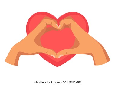 Hands showing heart gesture flat vector illustration. Volunteering, people support, social help service. Charity and donation organization symbol. Mercy, love and kindness metaphor isolated clipart