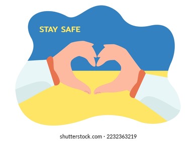 Hands showing heart gesture in front of Ukrainian flag. Person supporting Ukraine, stay safe message flat vector illustration. Support, protection, safety, conflict concept for banner, website design
