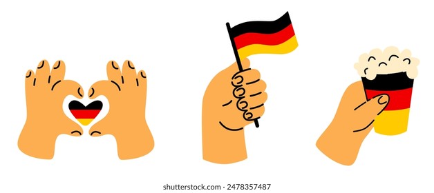 Hands showing heart, holding German flag, and a beer. Ideal for celebrating Germany and cultural events. Sport fans sticker. 