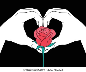 Hands showing heart shape gesture with red rose on black background. Vector design illustration.