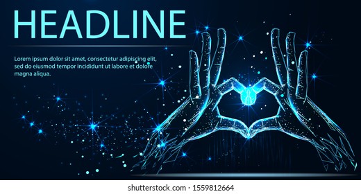 Hands showing heart symbol. Vector low poly wireframe. Love and heart concept. Headline. Mixed media