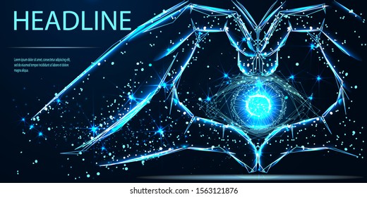 Hands showing heart symbol. Vector low poly wireframe. Digital vision - vector logo template concept illustration. Abstract human eye creative sign. Security technology and surveillance. Mixed media