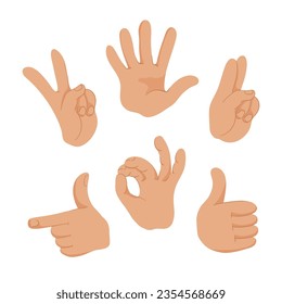 Hands showing letters and numbers vector illustrations set. Collection of drawings of peace or victory sign or two, five, pointing to side, thumbs up. Sign language, communication, assistance concept