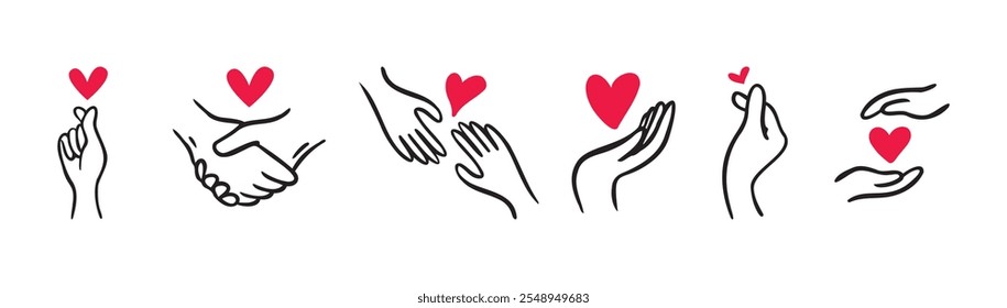 Hands Showing Love and Hearts. Doodle Hand Drawn cute icon Set. Valentine's day. Vector illustration