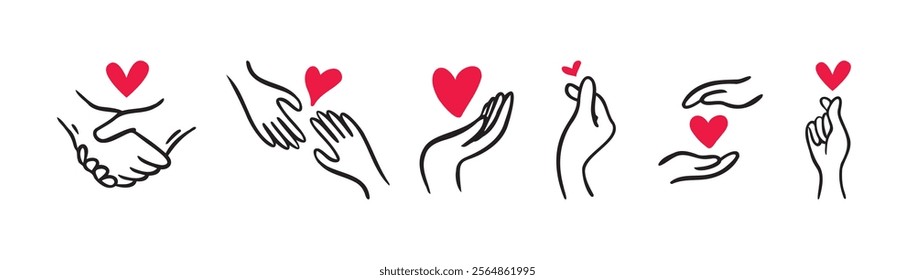 Hands Showing Love and Hearts. Doodle Hand Drawn cute icon Set. Valentine's day. Vector illustration