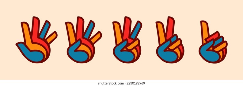 Hände, die Zahlen zeigen, Handgesten zählen 1 2 3 4 und 5 Vektorsymbol Illustration in trendigen Cartoon gefüllt Linie Stil Set Illustration, Zählen Hand Vektordesign. Kindererziehung