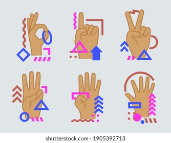 Hands showing numbers one, two, three, four, five. Colorful small geometric particles and dots. Set of flat cartoon outline vector illustrations with design elements isolated on white background
