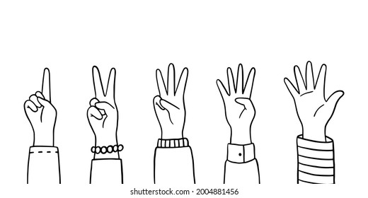 Hands showing one, two, three, four, five fingers. Vector hand-drawn illustrations isolated on white background.