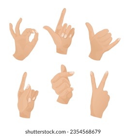 Hands showing positive message gestures vector illustrations set. Collection of cartoon drawings of signs of OK, love, calling, peace. Sign language, communication, assistance concept