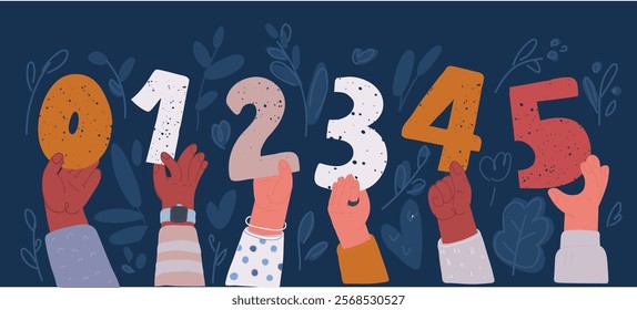 Hands showing simple Set of showing big numbers. Education, birhtday, celebrating achievements concept. Cartoon comic style. Ranking and voting. Math symbols. 1,2,3,4,5,6,0 over dark background