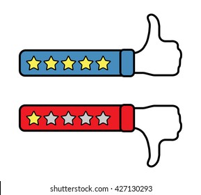 Hands showing thumb up and thumb down. Five and one stars. Vector illustration isolated on white.