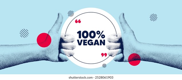 Manos mostrando el pulgar hacia arriba como señal. Etiqueta 100 por ciento vegana. Signo de bio alimentos orgánicos. Símbolo de producto vegetariano. Mensaje de marco redondo de comida vegana. El grano salpica la mano. Como el signo del pulgar hacia arriba. Vector