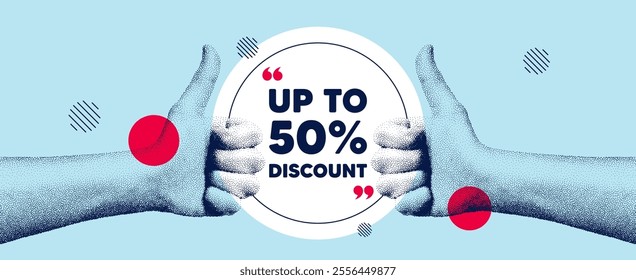 Hands showing thumb up like sign. Up to 50 percent discount. Sale offer price sign. Special offer symbol. Save 50 percentages. Discount tag round frame message. Grain dots hand. Vector