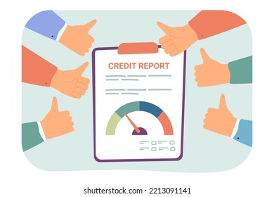 Hands Showing Thumbs Up To Good Credit Report. Business People Approving Loan Documents Flat Vector Illustration. Mortgage, Financial Check Concept For Banner, Website Design Or Landing Web Page