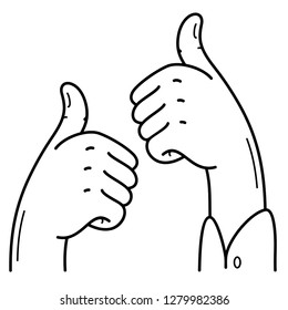 Hands showing thumbs up signs. Vector flat outline icon illustration isolated on white background.