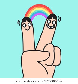 Las manos de alguien mostrando dos dedos sonrientes con arcoiris en el medio. Ilustración del carácter de la tarjeta de autoconcepto