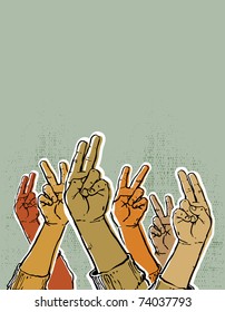 hands up showing victory or peace sign. Vintage style vector illustration.
