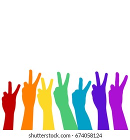 Hands showing victory sign in rainbow colors