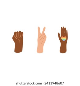 Hands shows different gestures. Pride month banner concept, hand drawn vector illustration