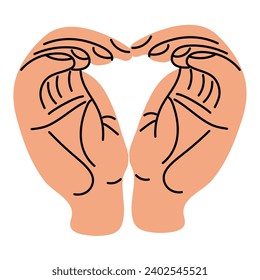 Hands shows a heart-shaped gesture, an artistic illustration of a hand drawing line. A heart is folded from the palms on a white background. The concept of human body language denoting love. Vector