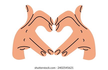 Hands shows a heart-shaped gesture, an artistic illustration of a hand drawing line. Fingers fold a heart on a white background. The concept of human body language denoting love. Vector illustrations