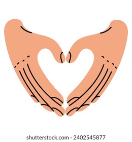 Hands shows a heart-shaped gesture, an artistic illustration of a hand drawing line. The palms show a folded heart on a white background. The concept of human body language denoting love. Vector