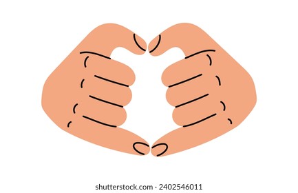 Hands shows a heart-shaped gesture, an artistic illustration of a hand drawing line. The thumb and little finger show a folded heart on a white. The concept of human body language denoting love Vector