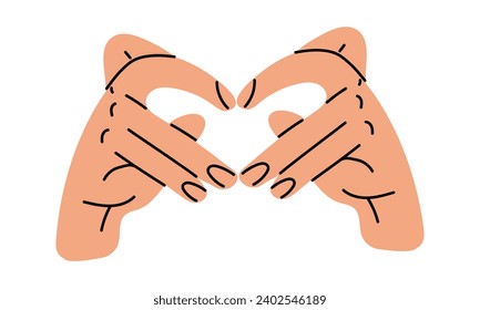 Hands shows a heart-shaped gesture, an artistic illustration of a hand drawing line. The fingers show a folded heart on a white background. The concept of human body language denoting love. Vector