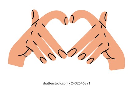 Hands shows a heart-shaped gesture, an artistic illustration of a hand drawing line. The fingers show a heart on a white background. The concept of human body language denoting love. Vector