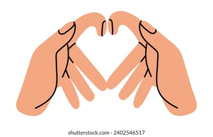 Hands shows a heart-shaped gesture, an artistic illustration of a hand drawing line. Fingers in the heart on a white background. The concept of human body language denoting love. Vector illustrations