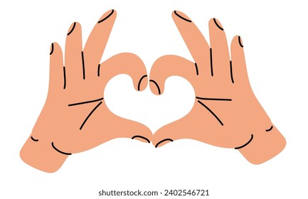 Hands shows a heart-shaped gesture, an artistic illustration of a hand drawing line. Fingers are folded into a heart on a white . The concept of human body language denoting love. Vector illustrations