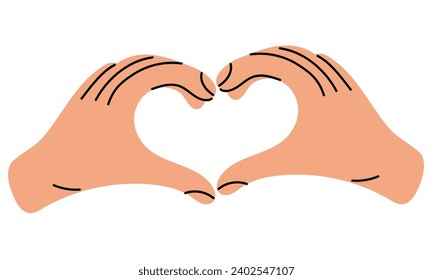 Hands shows a heart-shaped gesture, an artistic illustration of a hand drawing line. Modern graphic design highlighted on a white background. The concept of human body language denoting love. Vector