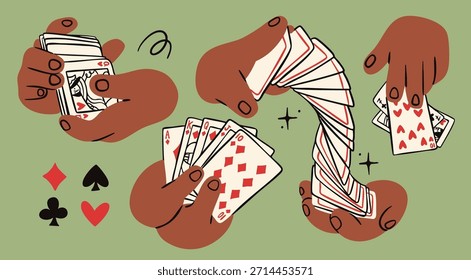 Las manos barajan, aguantan, toman cartas, cartas, palos de cartas. Ilustración vectorial de moda dibujada a mano. Torneo, casino, póker, juego, juego, croupier, concepto de entretenimiento. Elementos de diseño aislados