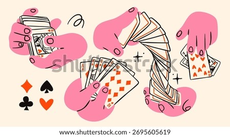 Hands shuffle, hold, take cards, playing cards, card suits. Hand drawn trendy Vector illustration. Tournament, casino, poker, gambling, game, croupier, entertainment concept. Isolated design elements