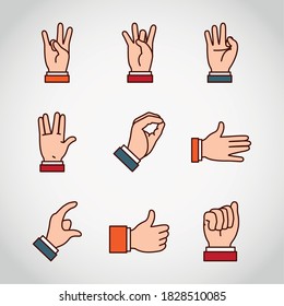 Hands sign Language and expressions icon set over white background, line and fill style, vector illustration