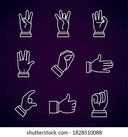 Símbolo de mano Idioma y conjunto de iconos de expresiones sobre fondo morado, estilo de línea, ilustración vectorial