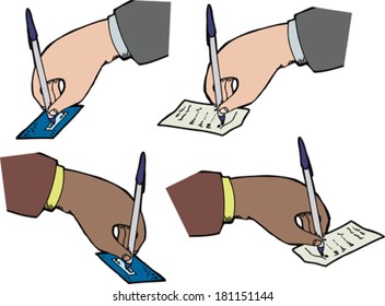 Hands signing checks and receipts over white background