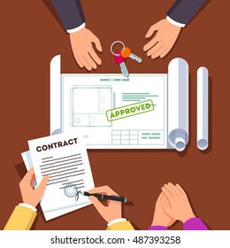 Hands signing house buying or apartment renovation contract. Real estate agent giving key chain and showing approved floor plan. Top view modern flat style vector illustration.